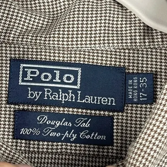 Vintage Polo Ralph Lauren Douglas Tab Shirt Mens 17 35 Brown Houndstooth 80s 90s